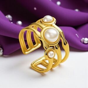 18K Gold Plated Stainless Steel Adjustable Statement Ring with Faux Pearls ✨